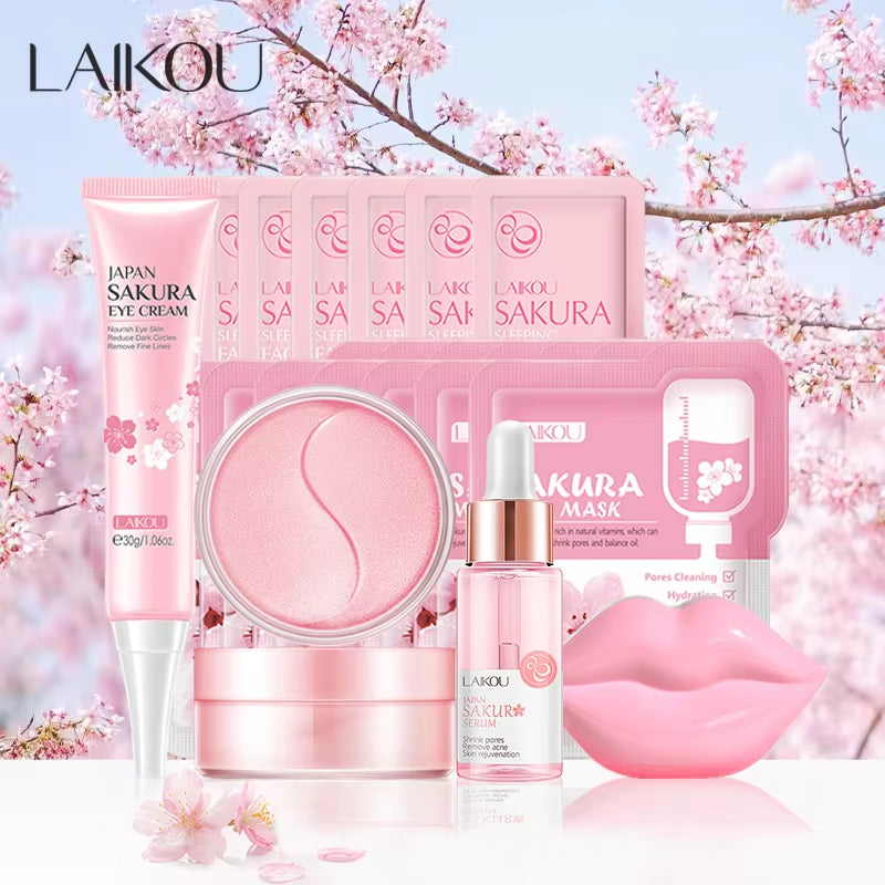 Sakura Facial Cleansing Skincare Set Whitening Moisturize Beauty Health Eye Mask Lip Mask Korean Facial Care Products Kit