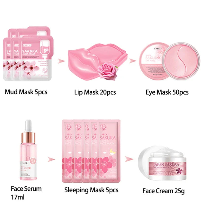 Facial Products Kit Sakura Skin Care Set Facial Cleanser Face Cream Fade Dark Circles Eye Cream Korean Skincare Products