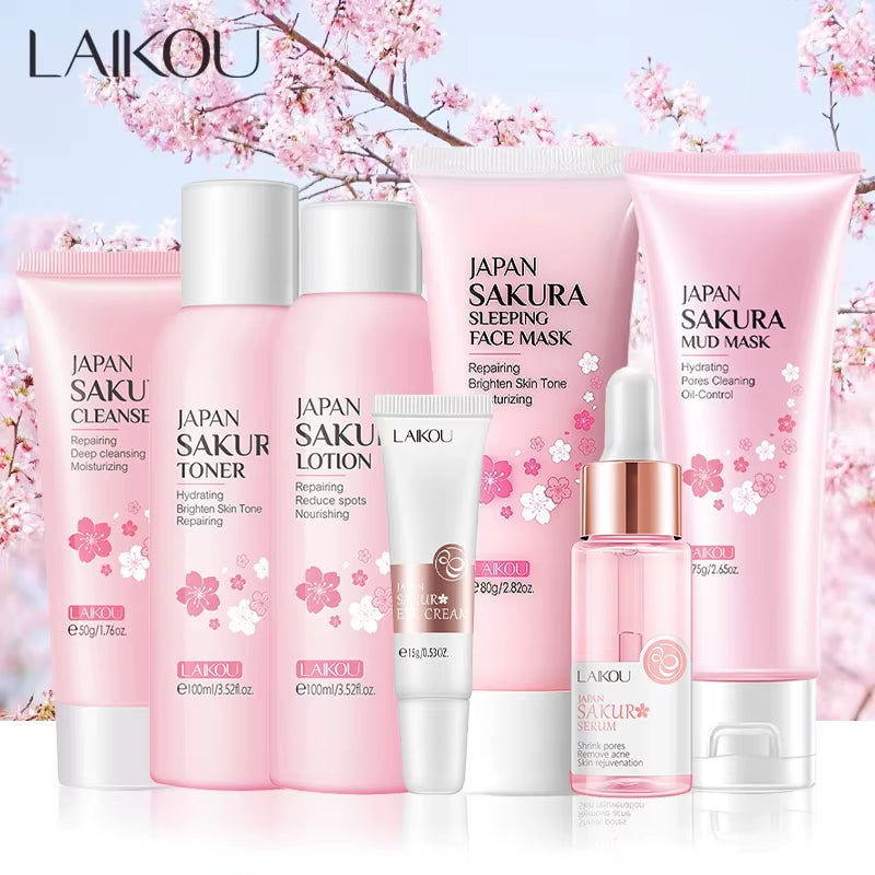 7Pcs Facial Products Kit Sakura Skin Care Set Facial Cleanser Sleeping Mask Fade Dark Circles Eye Cream Korean Skincare Products