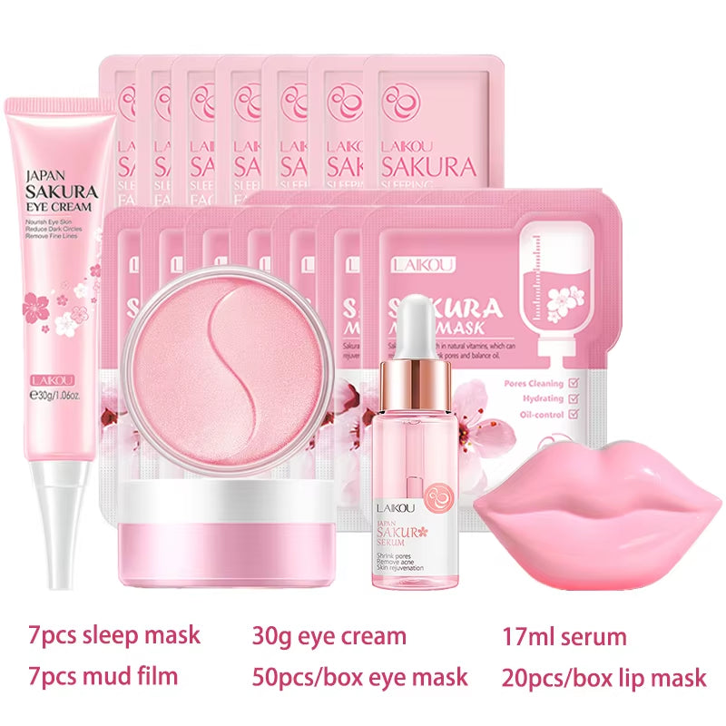 Sakura Facial Cleansing Skincare Set Whitening Moisturize Beauty Health Eye Mask Lip Mask Korean Facial Care Products Kit