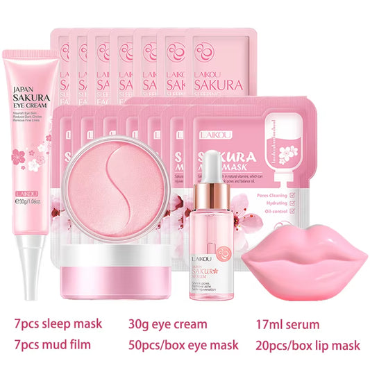 Sakura Facial Cleansing Skincare Set Whitening Moisturize Beauty Health Eye Mask Lip Mask Korean Facial Care Products Kit